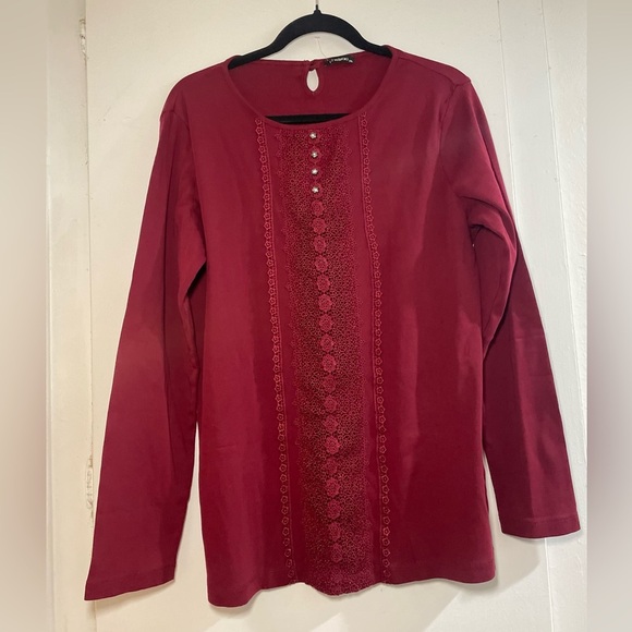 Dark cherry embroidery front shirt. Never worn. - Picture 1 of 9